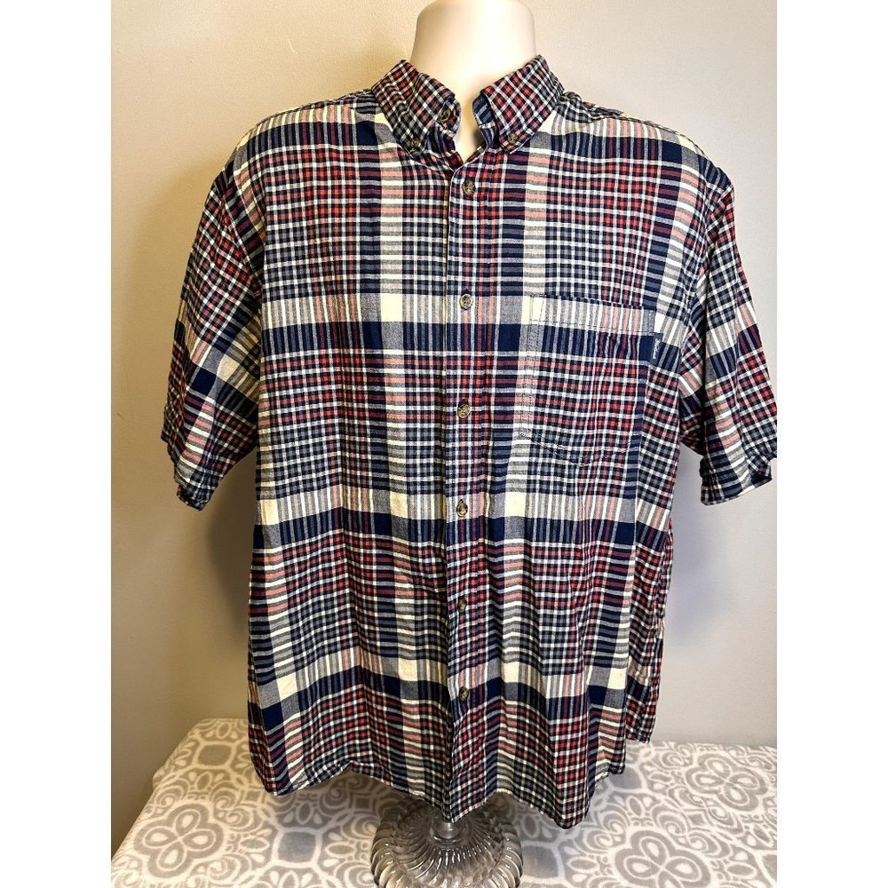Woolrich Woolen Mills Mens Red Blue Plaid Short Sleeve Button Up Shirt, SIze XL